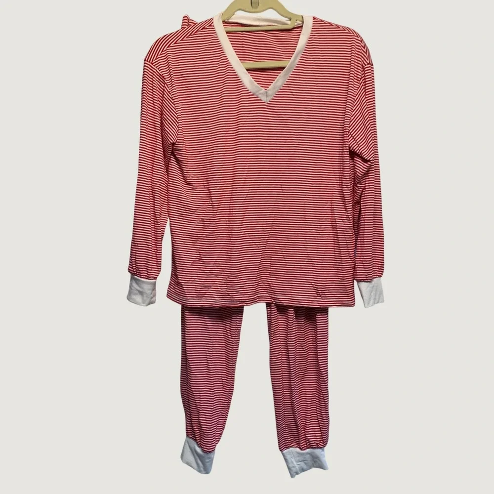Pajama Set Small Red White Striped V-Neck Long Sleeve Loungewear Holiday Cozy